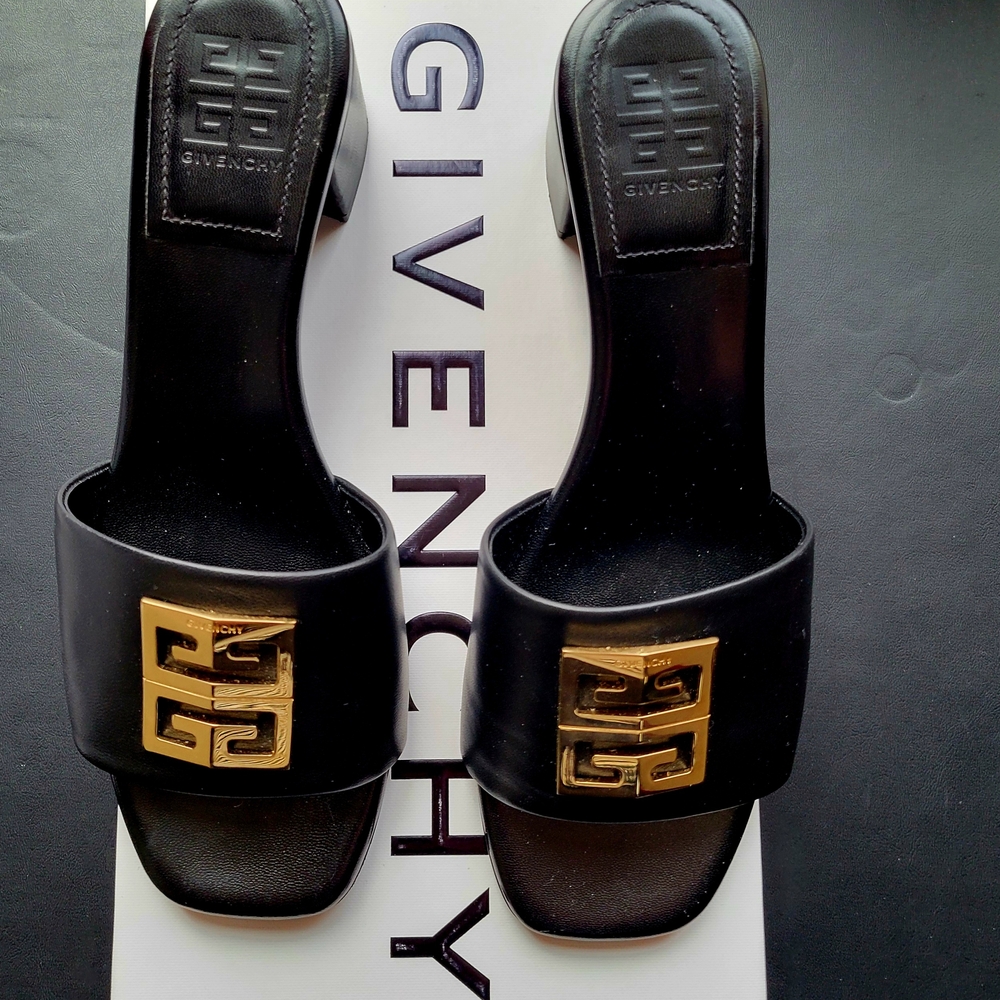 Givenchy Black and Gold Sandals with Metallic Emblem